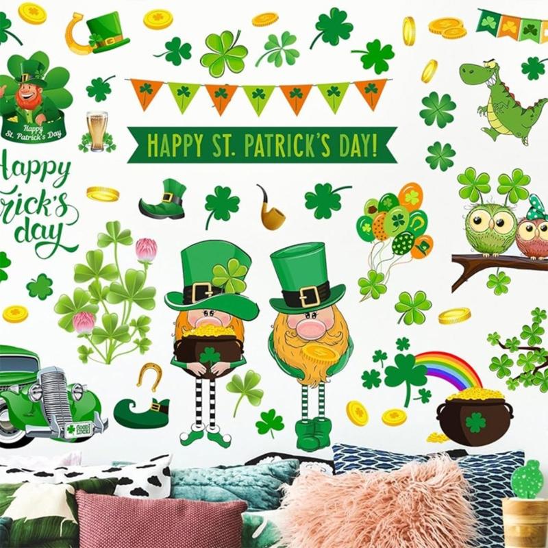 PVC-dekal Klistermärken St Patrick's Day Dekorationer Klistermärken med Klöver Småfolk Design för Fönster Spegel Glasdörr Dekorer