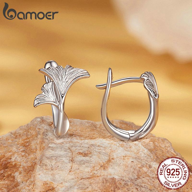 BAMOER Solid 925 Sterling Silver Ginkgo Leaf Hoop Earrings for Women Teens Small Hoop Earrings Pretty Flowers Huggie Jewelry