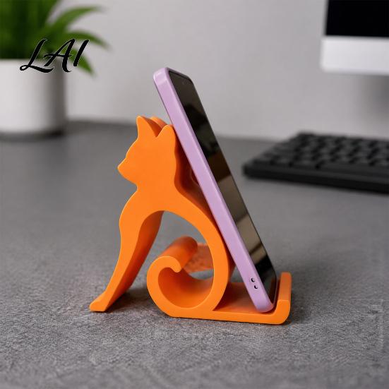 Curly Tail Phone Holder Cute Cat Stand Curled Kitty Desk for Cell Desktop Stand Tablet 3D Printed Universal Office Bedroom Gift Lovers Orange