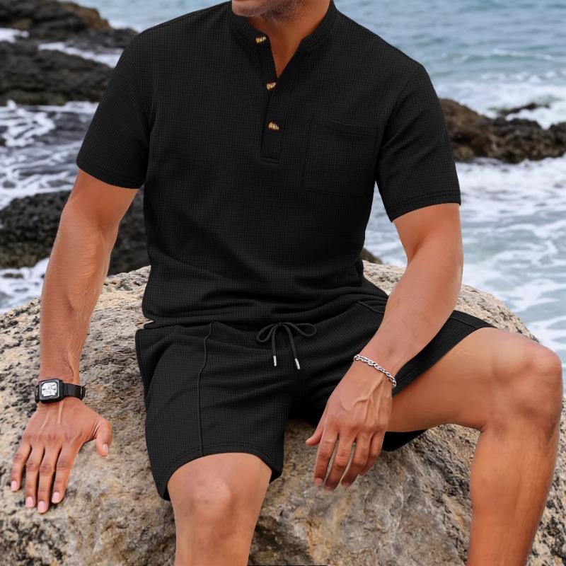Men Waffle Knit Mandarin Collar Half Button Pocket Top & Drawstring Shorts Two Piece Set