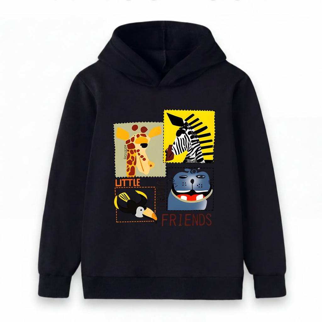 Kids Unisex Boys Girls Pullover Hoodie, Cute Little Jungle Friends Giraffe Zebra Hippo Toucan Graphic Casual Warm Hooded Sweatshirt for Daily Wear