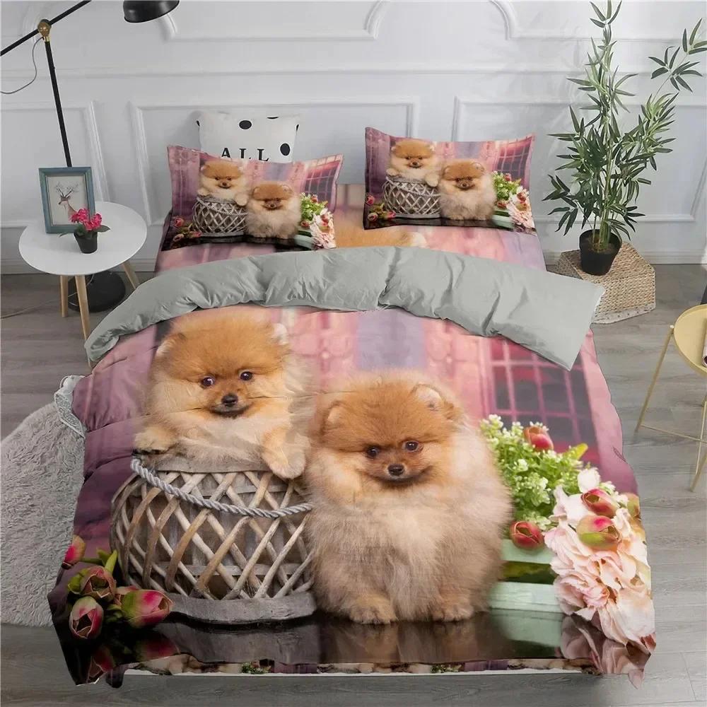 Topp Pomeranian Hund Kung Drottning Påslakan Valp Sängkläder Set för Tonåringar Vuxna Husdjur Djur Färgglad Himmel Polyester Täcke Överdrag storlek