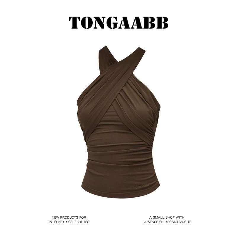 

Tongaabb [in Stock] Lyocell Tencel Cool Feeling Multi-Threading Hanging Neck Strap Waist Hugging Slim fit Tube Top Top Brown S