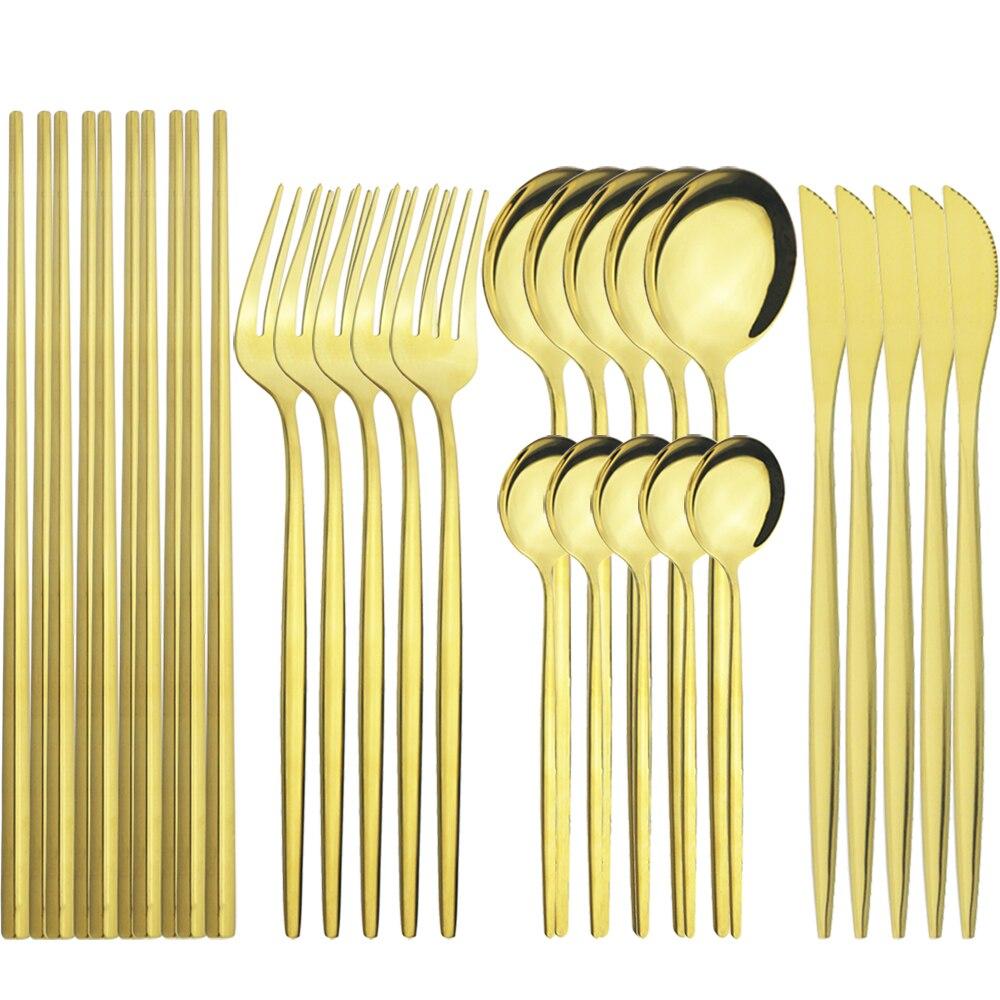 Black Gold Dinner Teaspoon Set Stainless Steel Silverware Table Cutlery Kitchen Sets Knife Spoons Forks Chopsticks Dinnerware Flatware