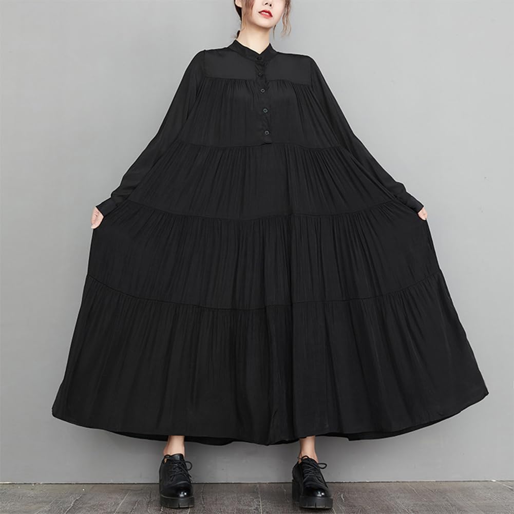JIYUTOR Maxi Loose Long Tunic Ankle Pleated Maxi Dress Size Women's Dress, Fit, Sleeves, Style, Length, Flattering, A-Line, Buttoned, Casual, (Black,