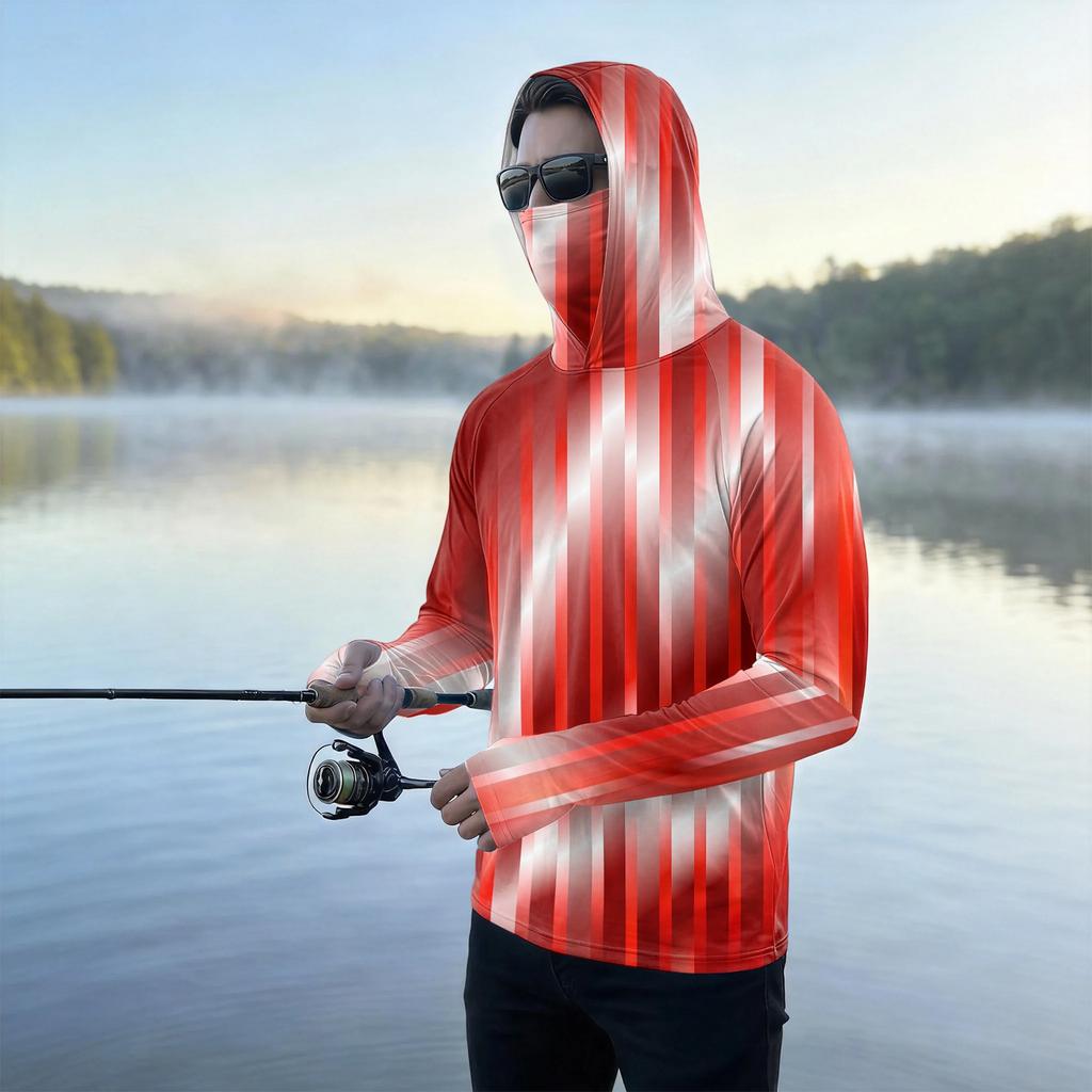 Men's Casual Outdoor Hoodie Long Sleeve Sun Protection Top Lightweight Breathable Striped Printed Hooded Shirt for Sports Hiking Fishing