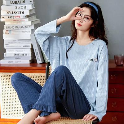 Conjuntos de pijamas de manga larga para mujer, ropa de dormir de algodón, jersey de primavera y otoño, ropa de dormir de talla grande, ropa informal sencilla para el hogar, traje de pijama lindo de dibujos animados