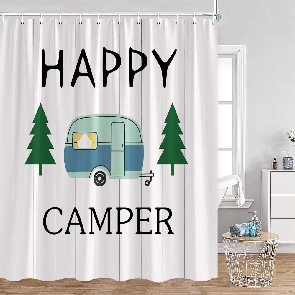Zasłona prysznicowa do kampera Happy Camper Przyczepa Samochód Kamper Rv Las Góry Namiot Camping Łazienka Zasłona prysznicowa Wodoodporna Zasłona do wanny