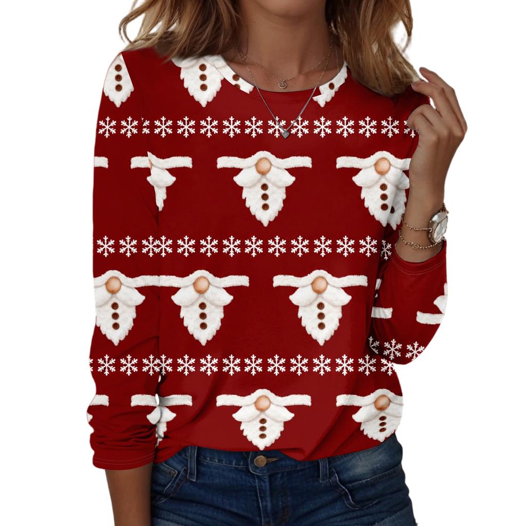Women's Fashion Casual Long Sleeve Christmas Print Neck Top for Holiday