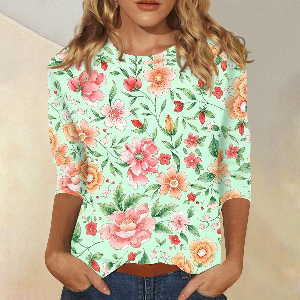 Damen Casual Oberteil mit Blumendruck 3/4 Ärmel Rundhalsausschnitt Leichter weicher Stoff Bequeme Passform Stilvolles Design für den Alltag