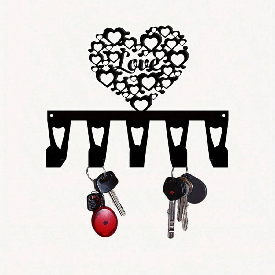 Vintage Heart Key Holder Metal Wall Decor 5 Hooks Forged Iron Entryway Gift