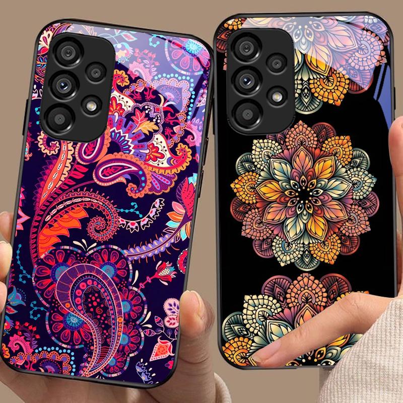 Buntes Blumentotem für Samsung Galaxy S10 S20 Plus S21 FE S22 S23 S24 FE S25 Ultra Schwarz Hartschale Handyhülle aus gehärtetem Glas