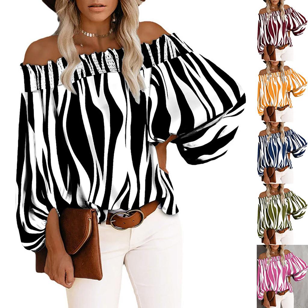 Women's Casual Striped Print Sexy One-Shoulder Long-sleeved Chiffon Shirt