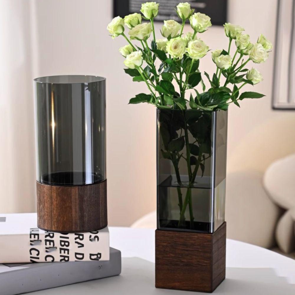 Wooden Base Acrylic Flowers Vase Transparent Light Luxury Vase Simple Hydroponic Vase  Living Room