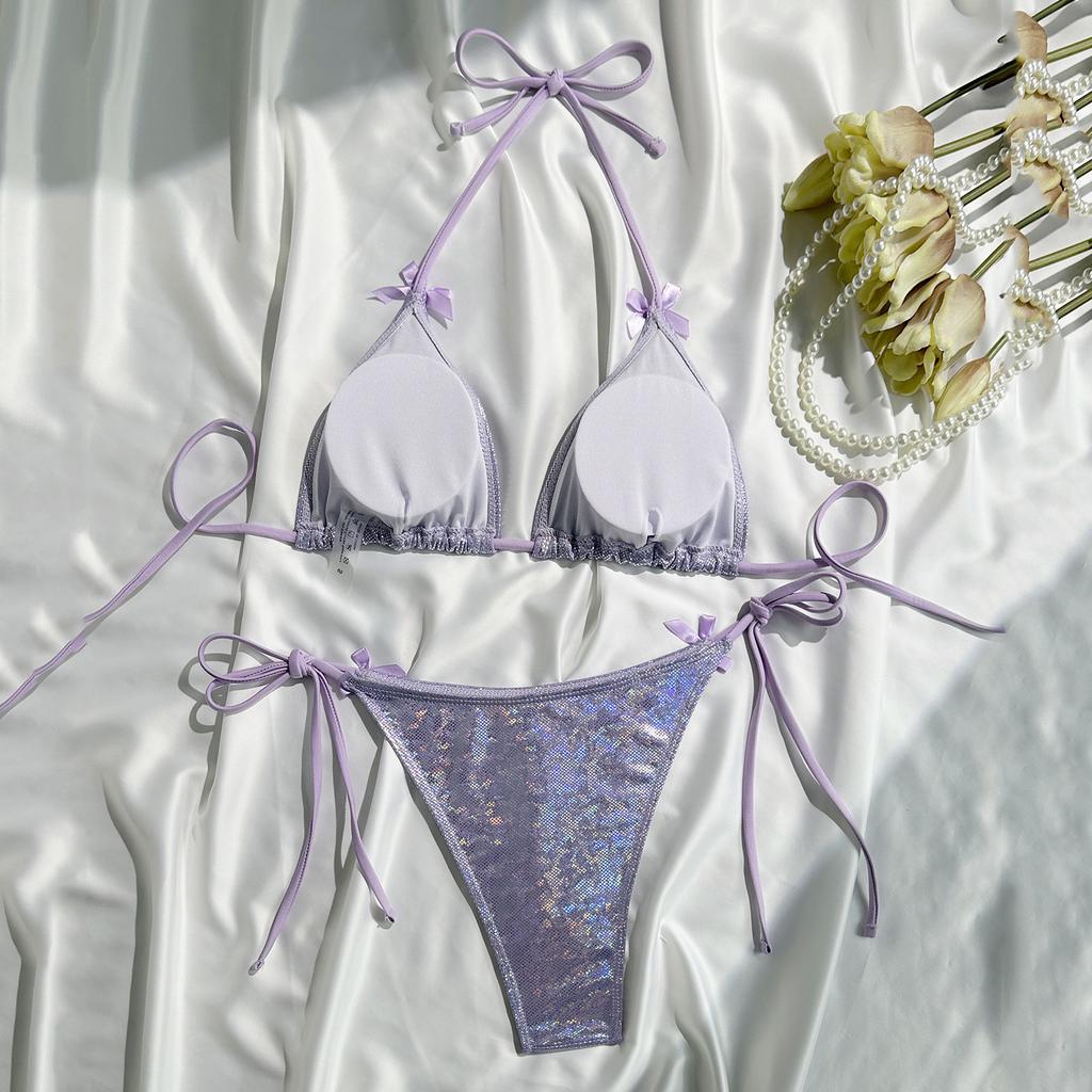 Purple Shiny Bow Swimwear Sexy String Halter Micro Bikini Thong Swimsuit Woman 2026 Bathing Suit Triangle Bikinis Sets