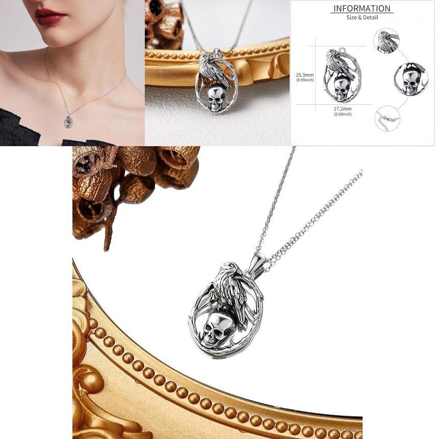 Halloween Skull Pendant Necklace With Crow Shape Design For Gothic Fashion Enthusiasts