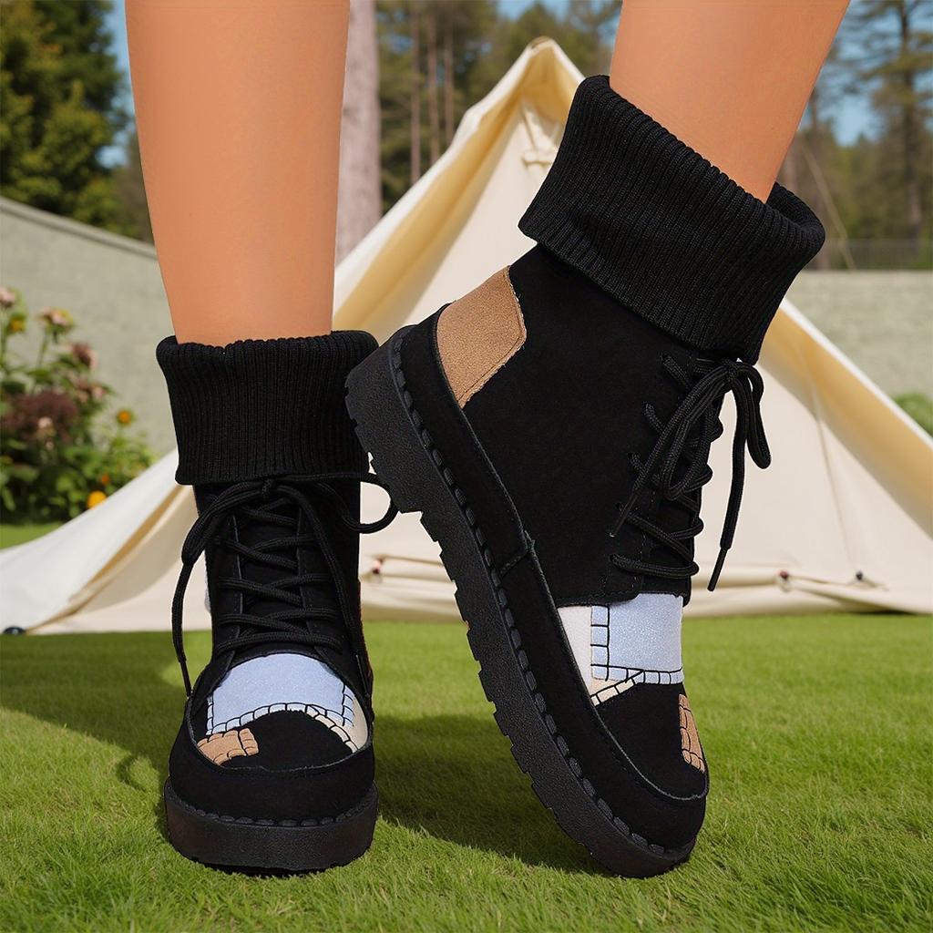 Beige & Blau Karierte Klobige Niedrige Absatz Schnürstiefeletten - Runde Zehenpartie Lässig Winter mit Sohle & Obermaterial aus Stoff