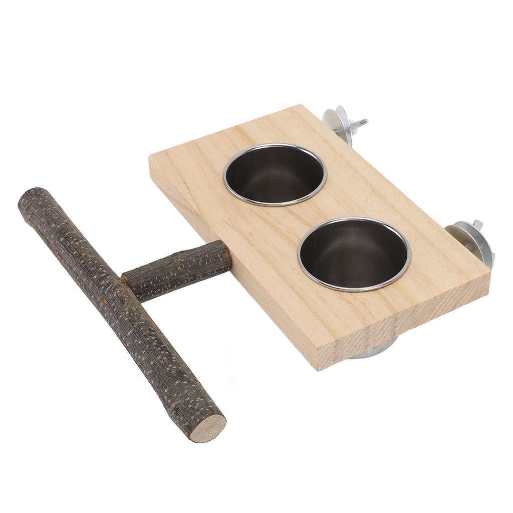 Bird Cage Feeder with Perch Stand Stainless Steel Food Cup Bird Wooden Feeding Bowl for Parakeets Cockatiels