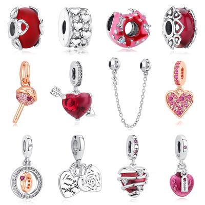 Original 925 Sterling Copper Charms Love Heart Pendant Beads Fit Bracelets Necklaces Women Zircon Valentine's Day Gift