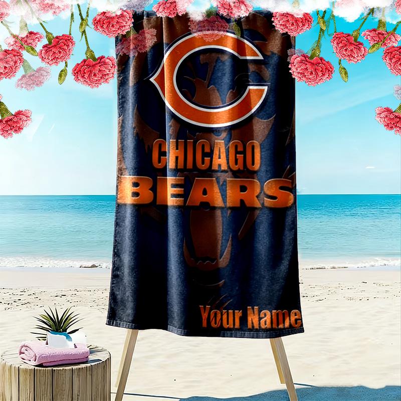 Name Custom Chicago Bears Print Beach Towel, Large Soft Quick Dry Towel for Beach Camping Swimming