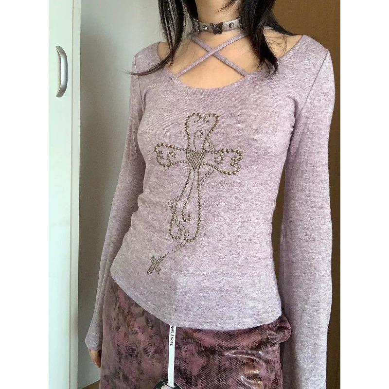 Japonské pletené topy Y2k Grunge Estetika Trička Flare Rukáv Vintage Harajuku Fialová úplet American Retro 2000s