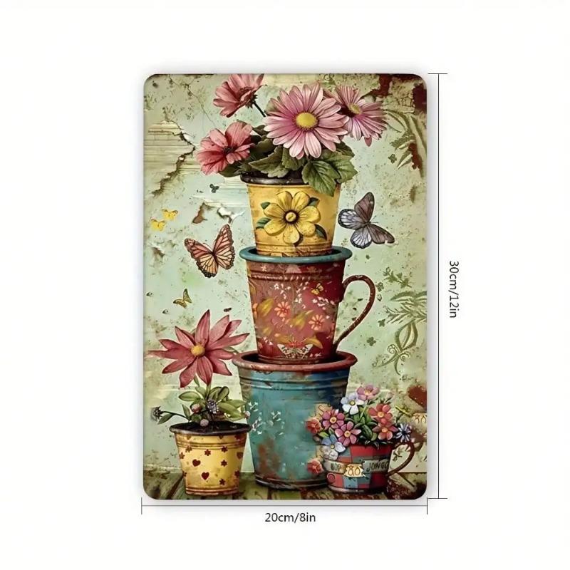 Vintage Metal Sign Floral Pots Butterfly Design Home Decor