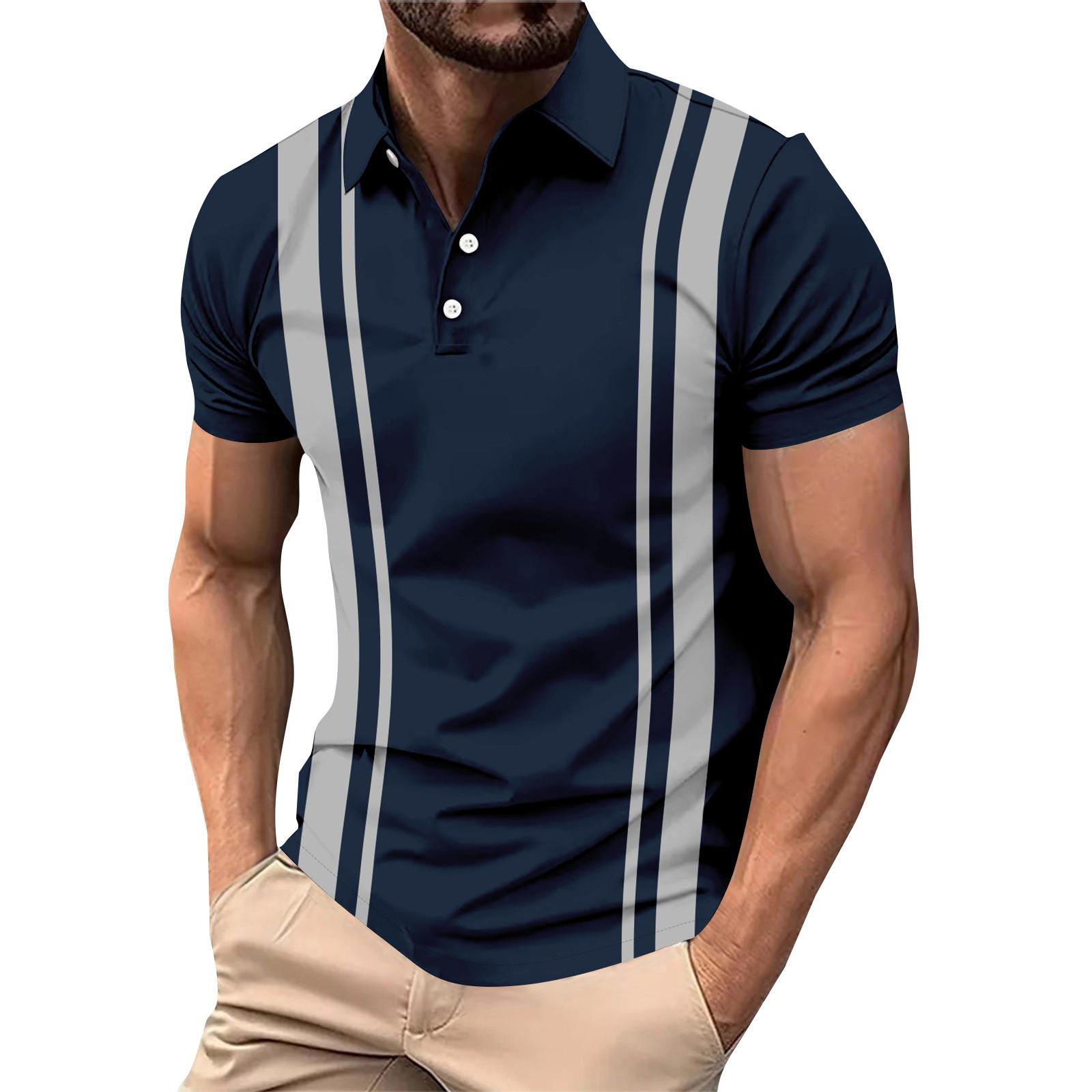 

Летний повседневный мужской топ с короткими рукавами и лацканами с полосатым принтом L тёмно-синий