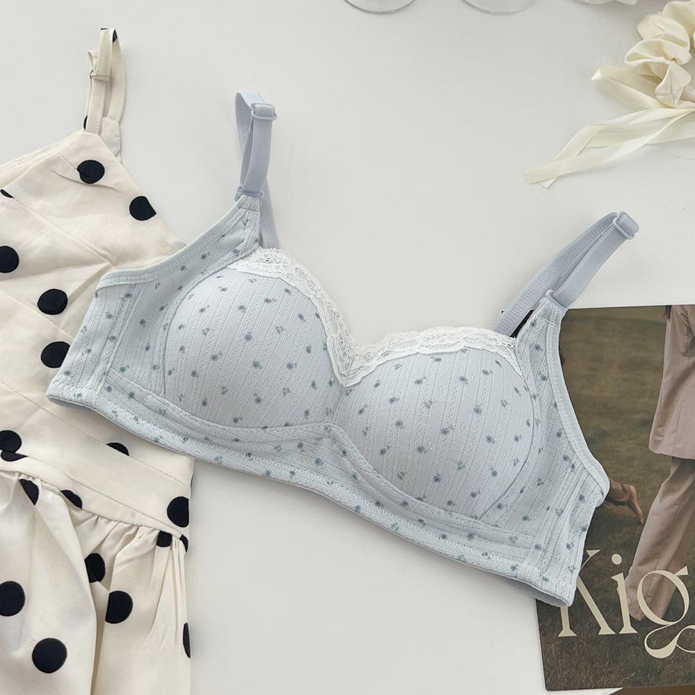 Girls floral underwear, women's small breasts gather without steel rings, close secondary breasts, anti-sagging student bra cover, cream blue