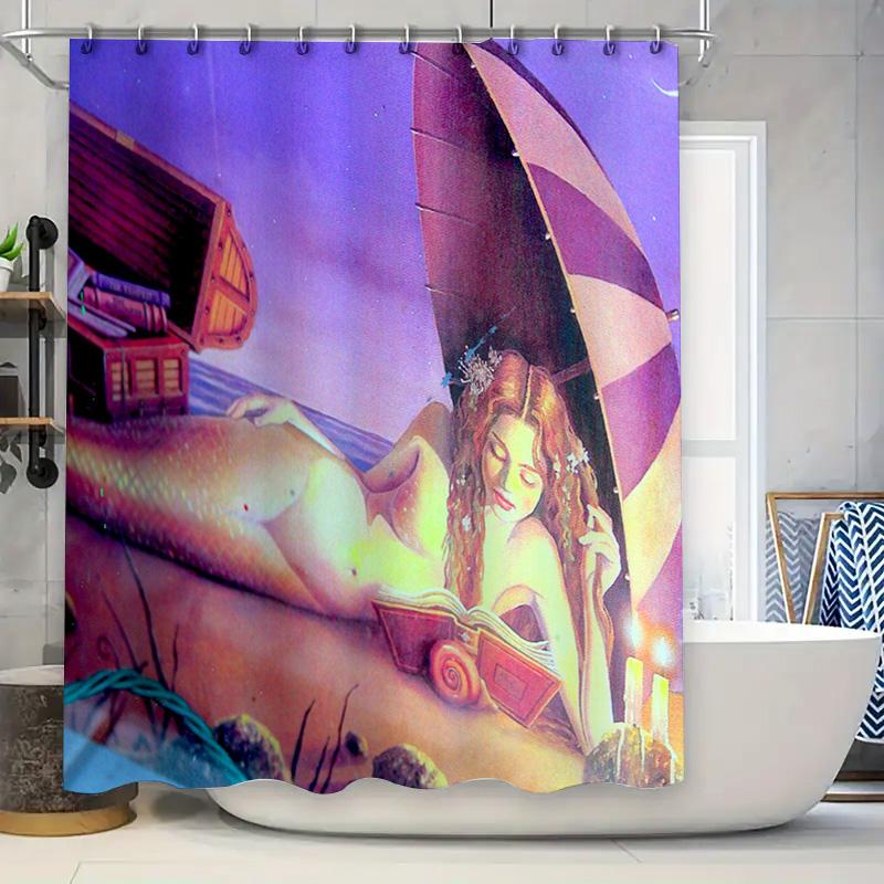 

Fantasy Bookworm Tails Shower Curtain Pink Purple Hot Air Balloon Reading Mermaid Decorative Bath Mat W60H190(CM)-1 Pcs