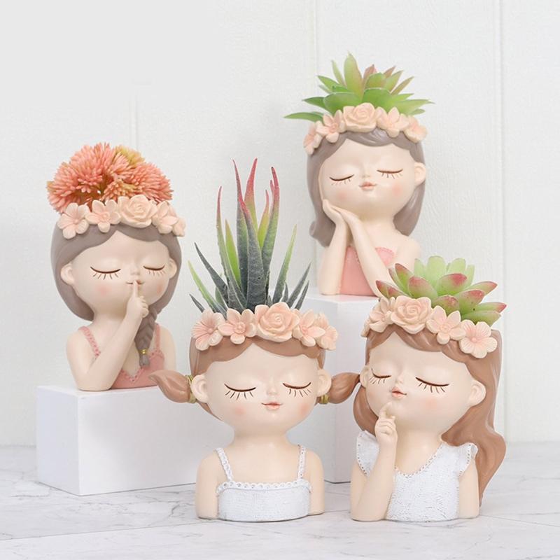 Cute Plants Flower Pot Resin Succulent Planter Flower Vases Little Girl Garden Decoration for Home Office Plant Pot
