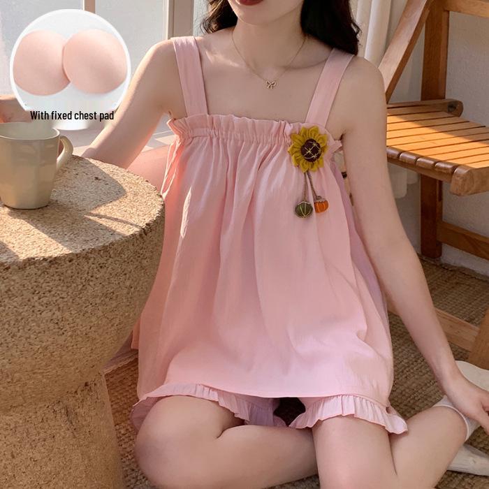 Женский плетеный хлопковый комплект пижамы  Облако  2026: Топ-майка со встроенным бюстгальтером XXL розовый