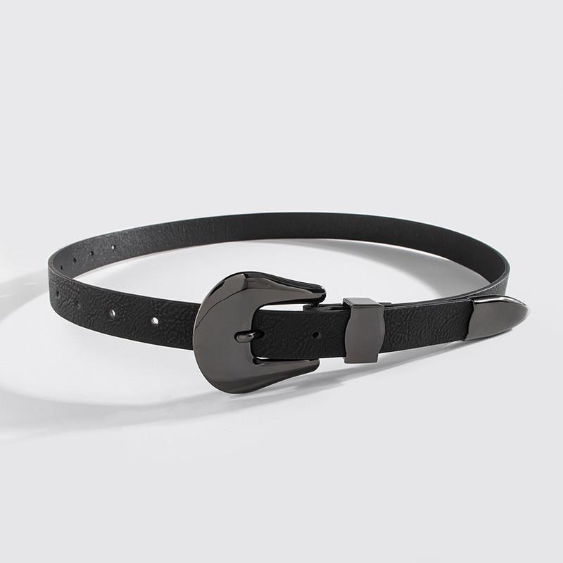 Modern Womens Black Belt With Round Alloy Buckle And Geometric Design