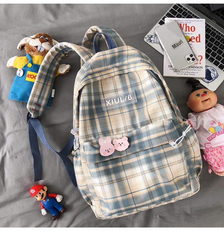 Schoolbag Autumn Fresh and Simple Plaid Schoolbag Female Korean Version Junior High School College Student Backpack Campus Versatile Casual Backpack