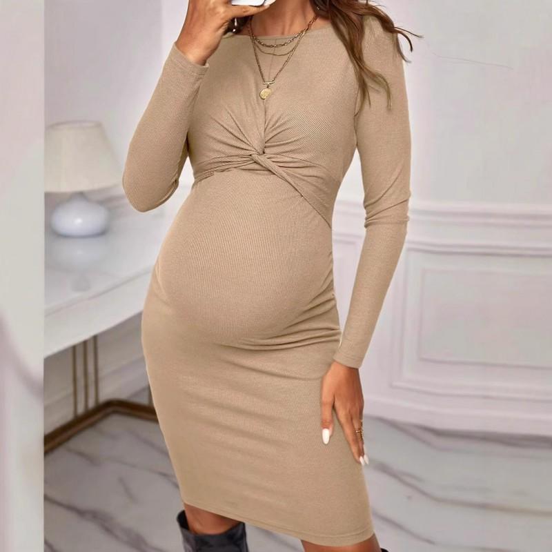 Maternity Cotton Dress Long Sleeve Slim Fit Twist Front A Line Pregnant Women