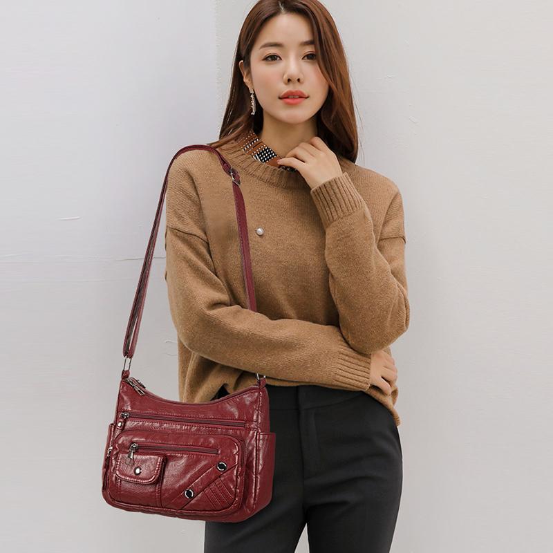 Dameveske i mykt skinn Mammaveske Flere rom Flere glidelåser Stor kapasitet Skulderveske Crossbody-veske