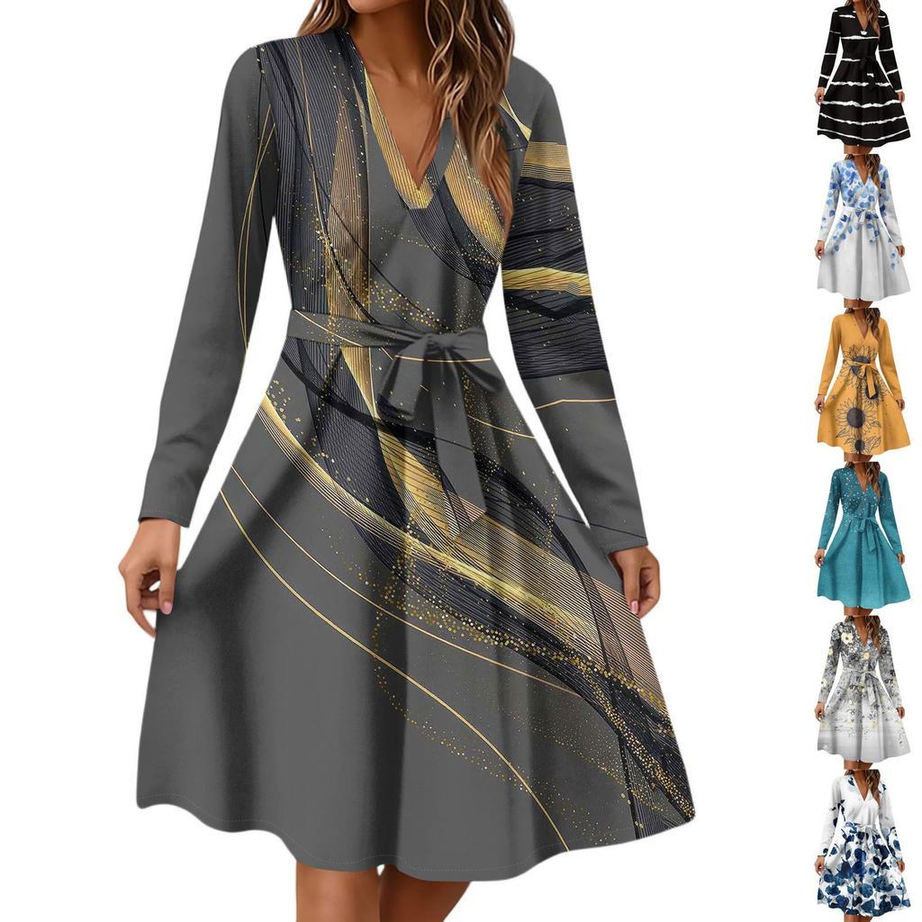 Women's Fashion Casual V-Neck Long Sleeve Waist Floral Print Midi Dress