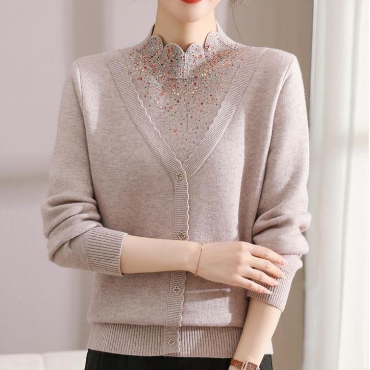Women's Fleece Sweater Thick Loose Fake Two-Piece Knitted Pullover Sweater Rhinestone Soft Warm Flocked Knit Top Autumn Winter