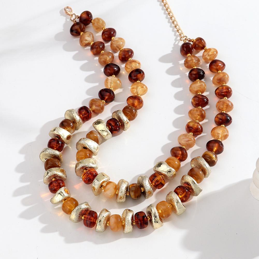 Retro Double Layer Resin Irregular Circle Beads Choker Necklace for Women New Trendy Tortoiseshell Acrylic Collar Jewelry Gift