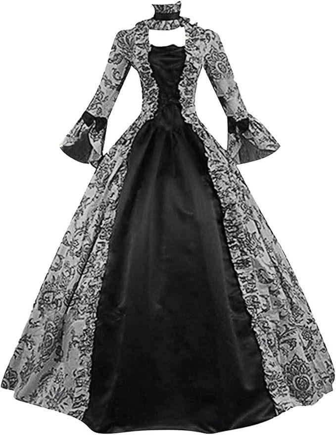 Amazon s new Halloween medieval dress retro Victorian court horn sleeve dress S чёрный