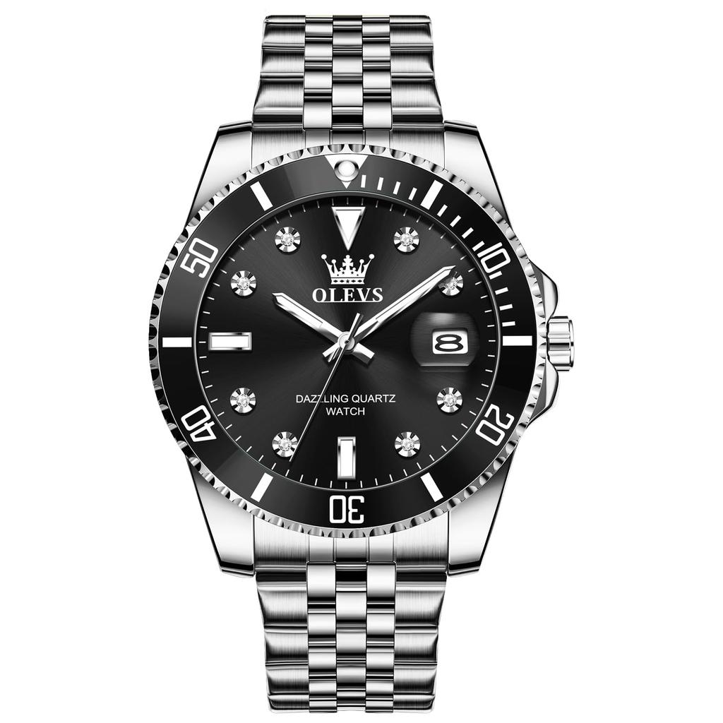 OLEVS Quartz Date Silver Stainless Steel Large Unidirectional Rotating Bezel Men's Watch, Black, Waterproof, Analog, Display, Band, Dial,