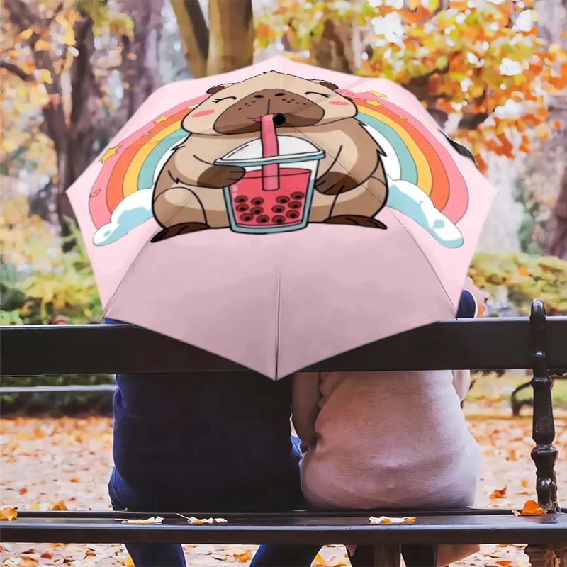Rainbow Bear Sips Pink Drink Folding umbrella Portable travel Umbrella travel Three folds