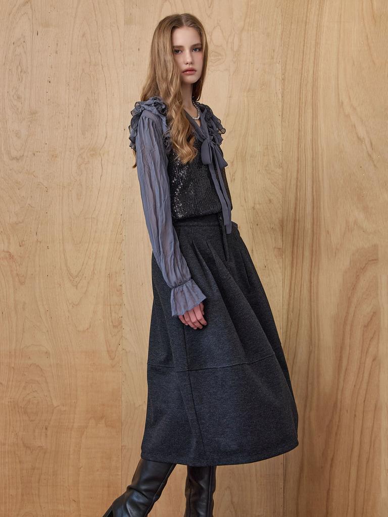 MAXZA Double-Tuck Cut-Line Wool Flare Long Skirt