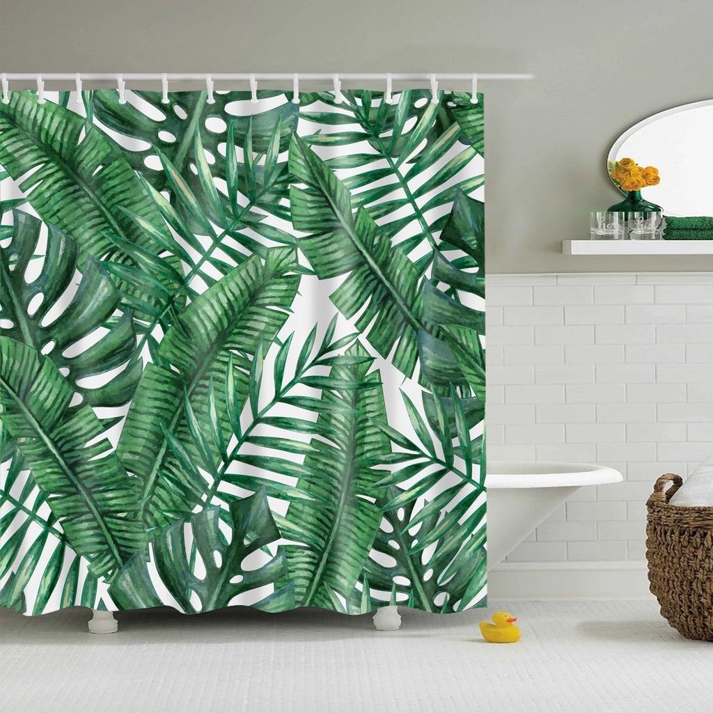 Watercolor Tropical Leaves Shower Curtain Waterproof Mildew Resistant Polyester Fabric With 12 Hooks Easy Installation For Bathr