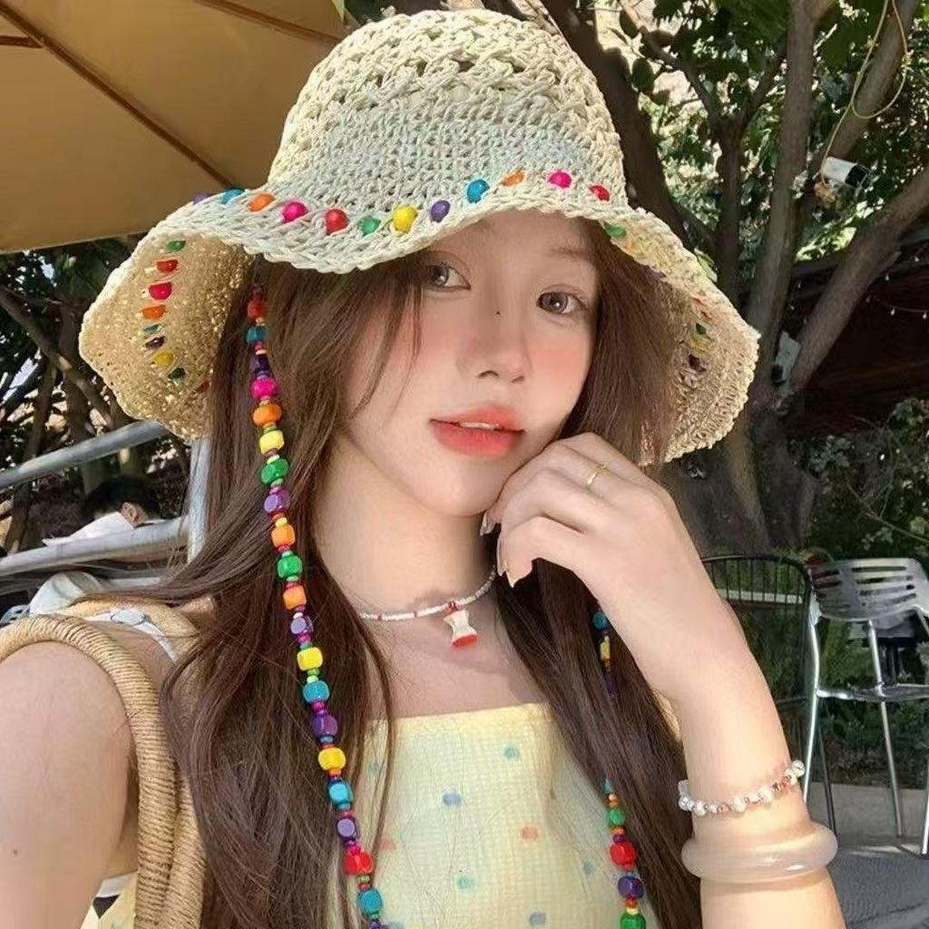Women's Ethnic Wide Brim Straw Hat - Sun Protection Beach Hat for a Slimmer Look
