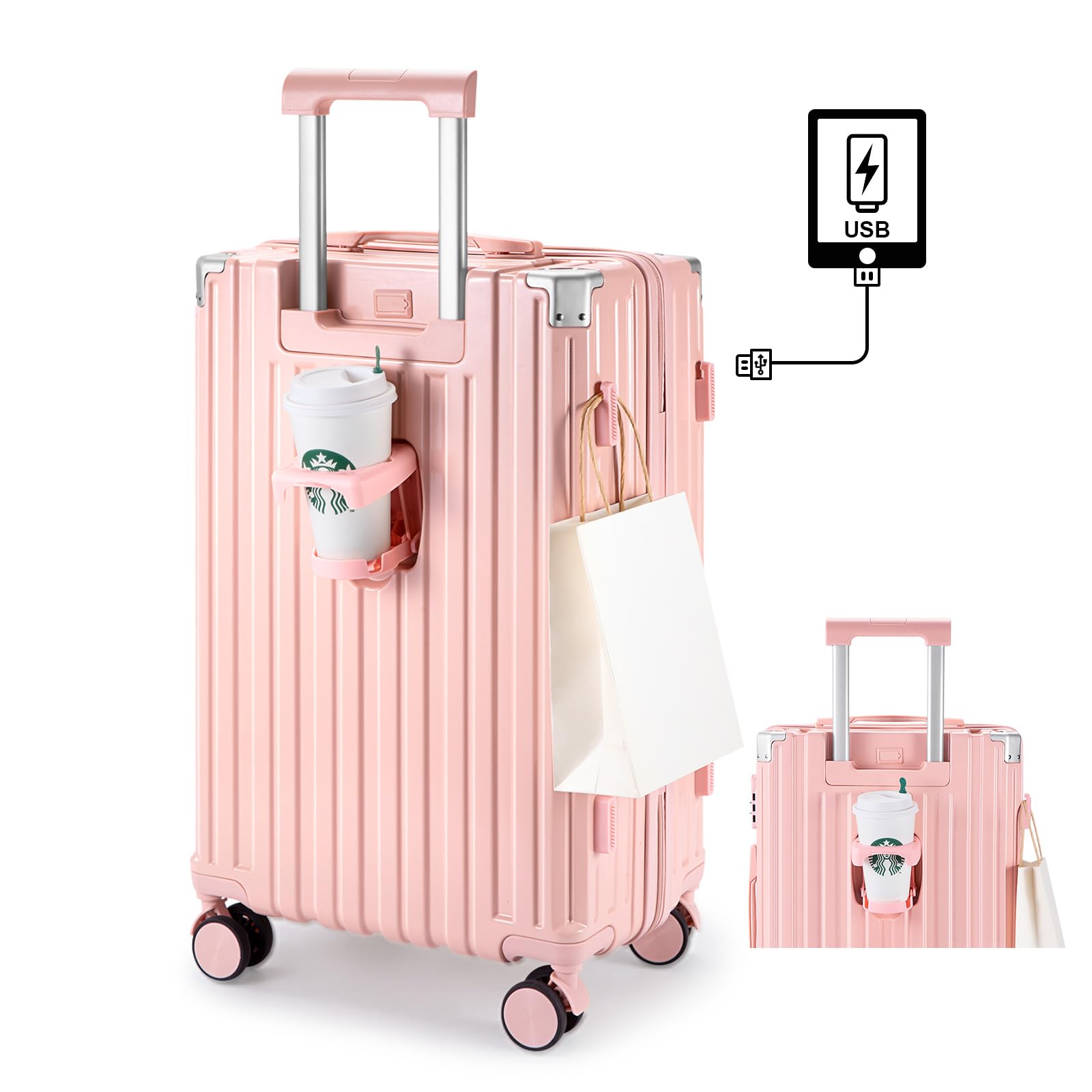 

Carry Case with Cup Carry Bag with USB Hidden Hook Charging Double 360 Degree Business Trip S [RoamRover] Suitcase, Carry-on Holder, Port, Function, рожевий