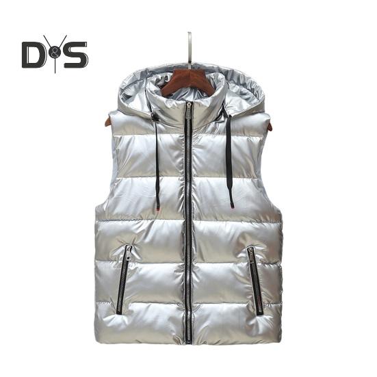 

Мужской жилет, пальто с воротником-стойкой, капюшоном, завязками на шнурке, без рукавов, стеганый жилет, однотонный, застежка-молния, утолщенный хлопковый жилет, верхняя одежда L серебро белый
