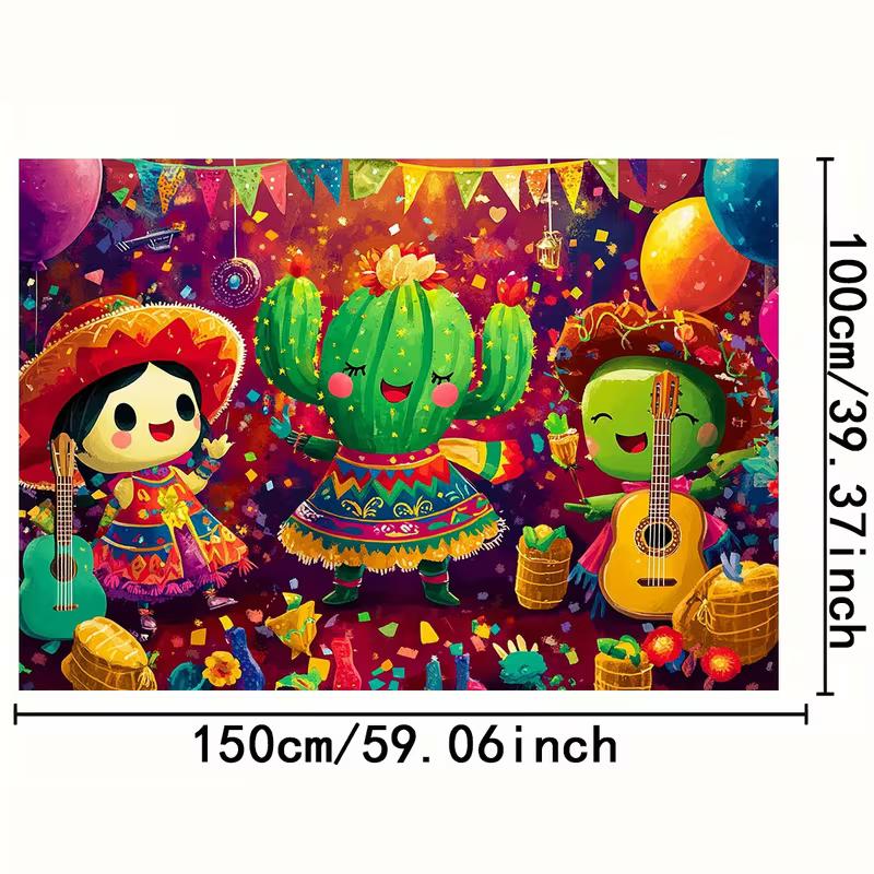 2D Mexican Fiesta Background, Dancing Cactus & Balloons Photo Booth Backdrop