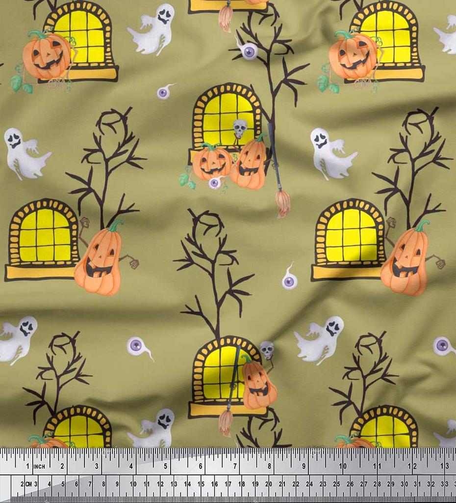 Soimoi Japonská krepová saténová látka Strašidelný dům, Dýně a Duch Halloweenská tištěná látka 1 metr 42 palců