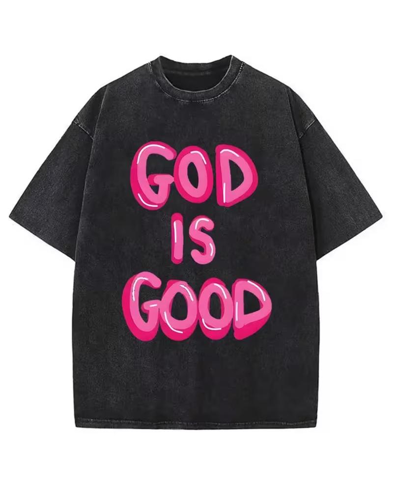 God Is Good Bubble Letter Graphic TShirt Relaxed Retro Washed Tee for Men Women Travel Daily Vacation Stylish Street Looks S