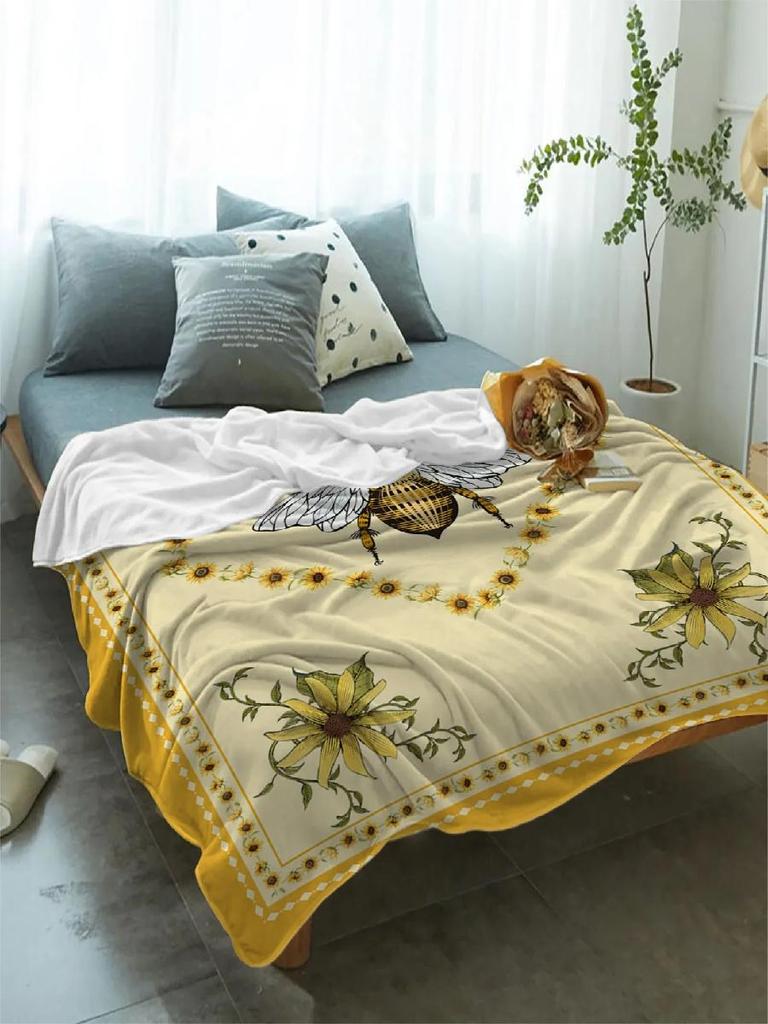 Idyllic Sunflower Bee Throw Blanket Soft Warm Plush Perfect for Travel Camping Picnic Home Decor